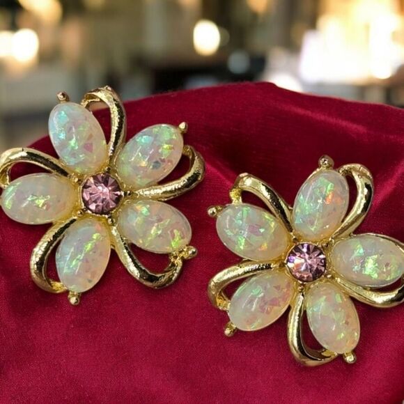 Camellia Flower Opalescent Earrings Gold Shimmer Pierced Ears Feminine Romantic - Picture 3 of 5